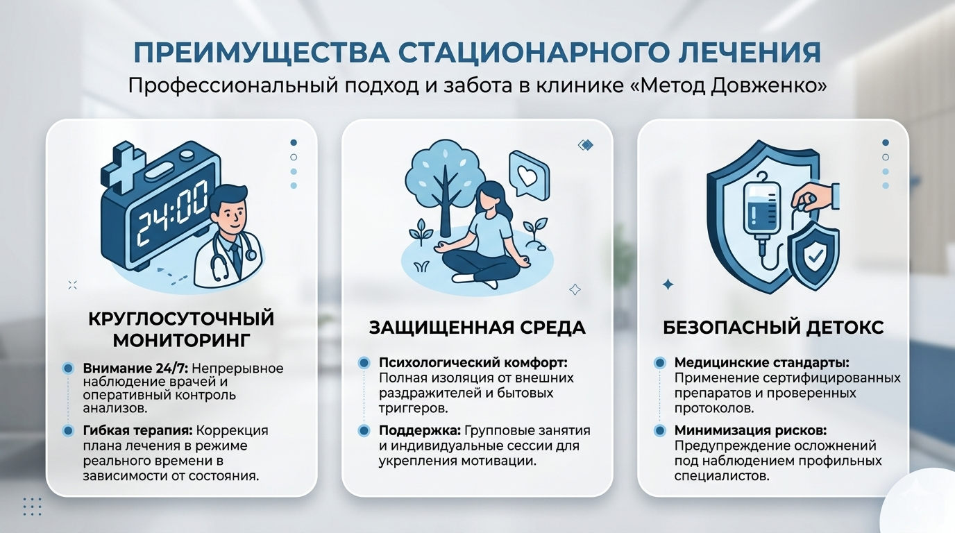 Инфографика трёх преимуществ стационарной реабилитации алкоголиков: круглосуточный мониторинг, защищённая среда, безопасный детокс.